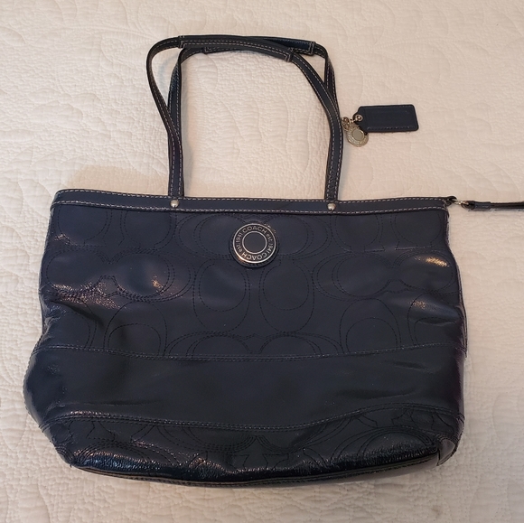 Coach Patent Marine Navy Blue Leather Logo Mini Tote Purse - Picture 9 of 16